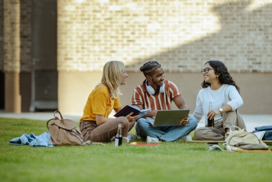 A Group of students cheerfully talking after classes. They are sitting in the park and using a laptop